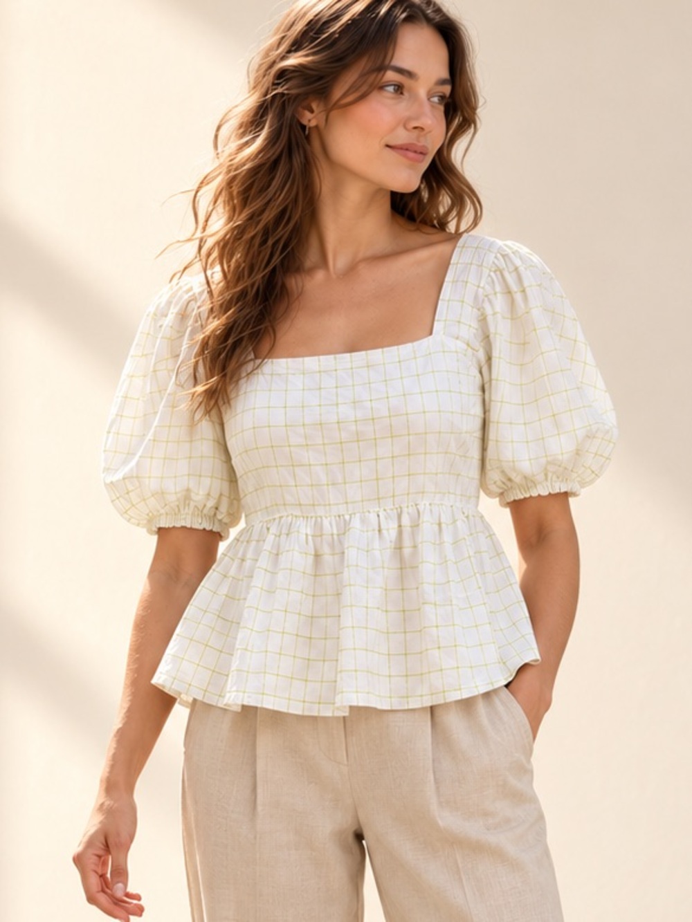 Hudson North White Green Check Cotton Puff Sleeve Peplum Blouse M